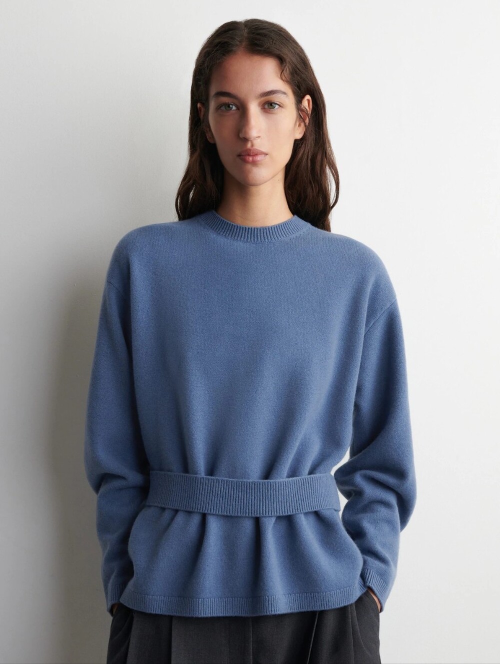 COS Steel Blue Belt Detail Merino Wool Oversized Sweater